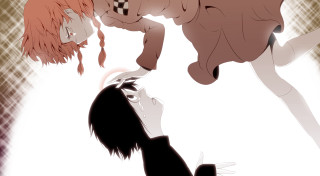 Woman red hair man black - opposite direction free wallpaper