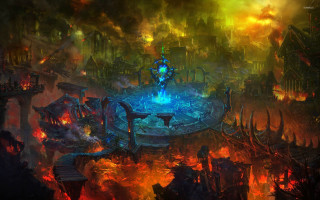 Fountain fire flames cityscape painting - a cityscape free wallpaper