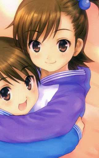 Anime girls hugging beach pink - a pink sky free wallpaper for mobile