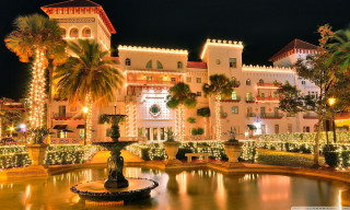 Large building fountain nighttime lights 2 - the building and trees free wallpaper