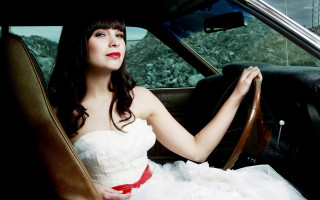Woman white dress car red 2 - a black purse free wallpaper