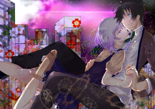 Couple lying grass buildings pink - a pink sky free wallpaper for desktop