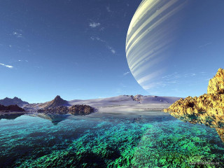Planet mountain water background computer - a mountain in the background and a body of water free wallpaper