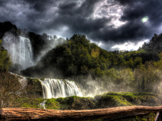 Waterfall fallen tree moonlit night - fallen free wallpaper