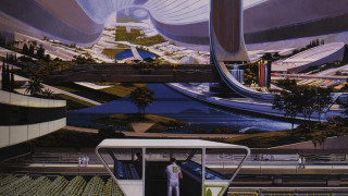 City bus man bus stop - syd mead. free wallpaper