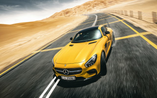 Yellow mercedes sls desert road - the road free wallpaper