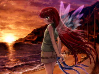 Girl red hair wings beach - over her free wallpaper