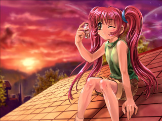 Girl roof wine sunset background - a roof free wallpaper for desktop