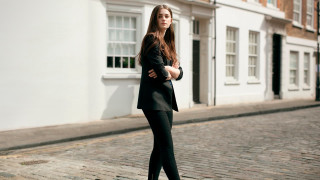 Woman suit brick street white - a white window free wallpaper for desktop