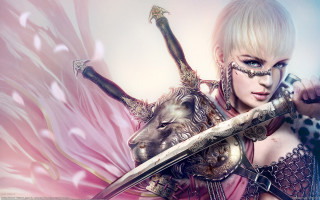 Woman sword cow shoulder pink - white feather free wallpaper
