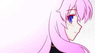 Pink hair anime girl blue - a pink background behind her free wallpaper