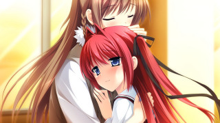Anime girls hugging long hair 2 - red hair free wallpaper for desktop
