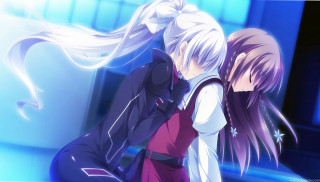 Anime characters hugging blue lights - a white star free wallpaper