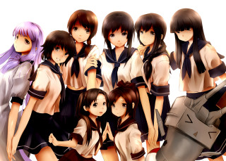 Anime girls group posing robot - a picture together free wallpaper