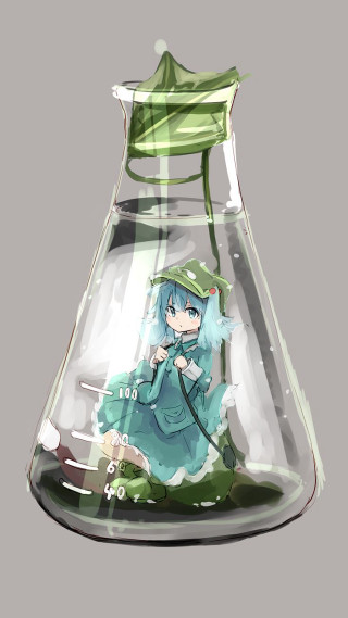 Glass flask girl inside green - analytical art free wallpaper for mobile