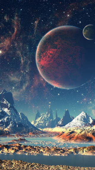 Planet mountains lake star filled - a planet free wallpaper