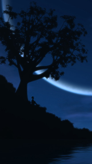 Tree crescent sky man sitting - a body of water free wallpaper for mobile