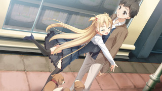 Anime characters sidewalk dog couple - a sidewalk free wallpaper