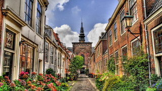 Narrow street clock tower flowers 2 - a narrow street free wallpaper