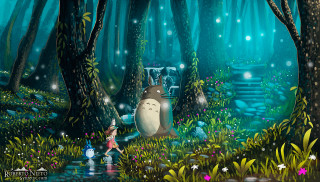 Person forest totoro waterfall painting - ghibli free wallpaper
