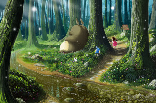 Person dog forest stream path - ghibli free wallpaper