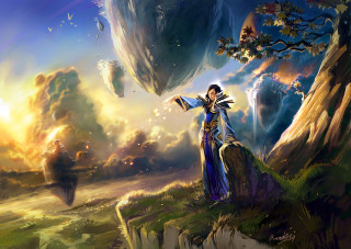 Woman blue dress hill sky - free fantasy wallpaper