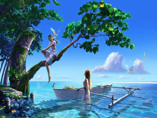 Girl sitting tree lake boat - another girl free wallpaper for desktop