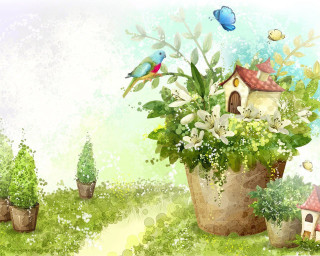 Potted plant bird house flying - plant free wallpaper for desktop