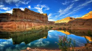 Lake mountains blue sky clouds 12 - a few green plant free wallpaper