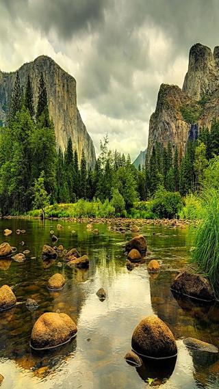 River rocks grass mountains clouds - beautiful landscape free wallpaper for mobile