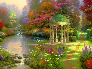 Garden gazebo flowers stream painting - a gazebo free wallpaper