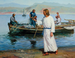 Jesus walking beach boat people - the water behind free wallpaper