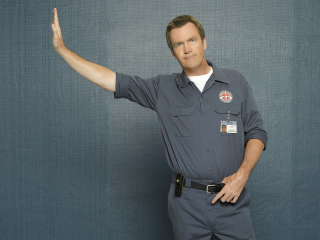 Man blue uniform pointing wall - the side of the wall free wallpaper