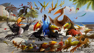 Woman birds flying surrounded painting - a beach in the background free wallpaper