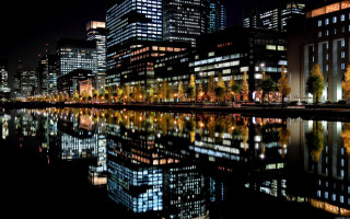 City skyline river nighttime lights 2 - reflection free wallpaper for desktop