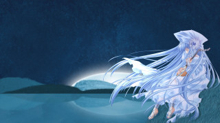 Woman white hair field night - overhead in the sky free wallpaper