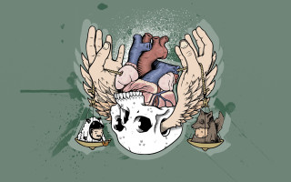 Heart wings skull human head - anatomical free wallpaper