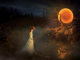 Woman white dress field tree - fantasy artwork free wallpaper