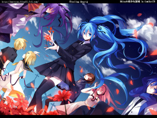 Anime girls long hair blue 42 - red flower free wallpaper
