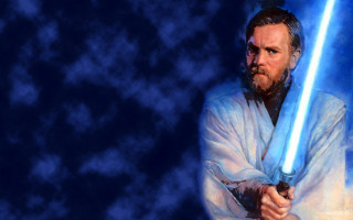 Man holding light saber blue - a blue background behind free wallpaper