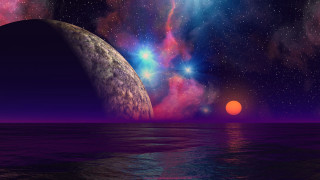 Planet ocean orange sun purple - space free wallpaper