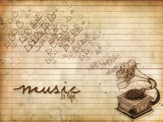 Music note record player hearts - vintage free wallpaper