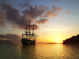 Large ship sailing sunset bird - cinematic matte painting free wallpaper