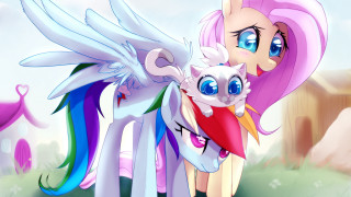 Pony hugging pegasus wings cat - epic composition free wallpaper