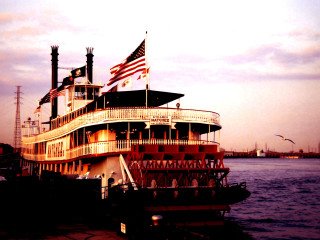 Large boat flag water dock - color film photography free wallpaper
