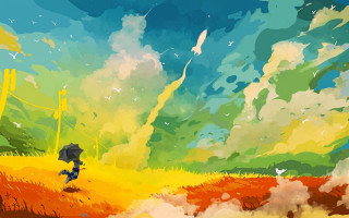 Umbrella field flower sky autumn - a painting of a person holding free wallpaper