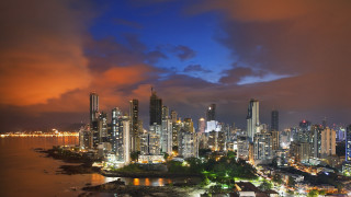 City skyline night cloudy water - panoramic view free wallpaper for desktop
