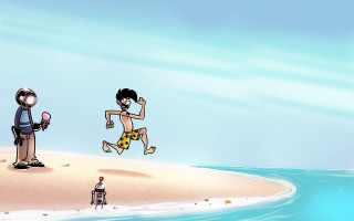 Cartoon man robot beach diving - serial free wallpaper for desktop