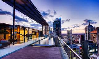 Balcony city pool sunset dawn - cityscape free wallpaper
