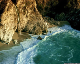 Beach waterfall rocks ocean water - allan brooks free wallpaper